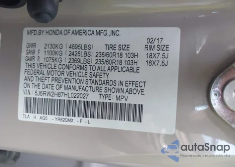 2017 Honda Cr-V Exl z USA, uszkodzony, nr VIN 5J6RW2H87HL022027